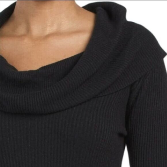 VERTIGO Cowl Neck Pleated Skirt Waist Tie Ribbed Knit Mini Dress Size M Black - Picture 11 of 16